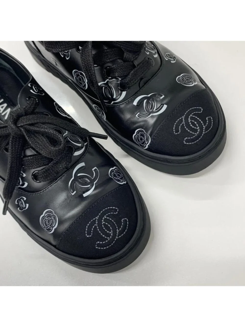 Chanel CC Logo Camellia Leather Fabric Sneakers Black